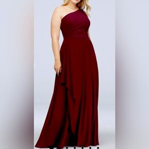 ✨One-Shoulder Georgette Cascade Dress in Color “Wine”-David’s Bridal Plus Sz 22